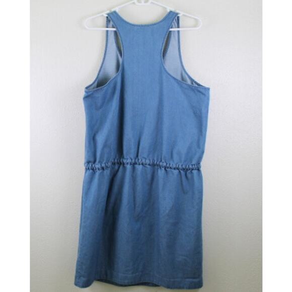 Kenneth Cole Mini Denim Jean Overall Dress Sz Large Racer Back Drawstring Waist - Picture 2 of 7